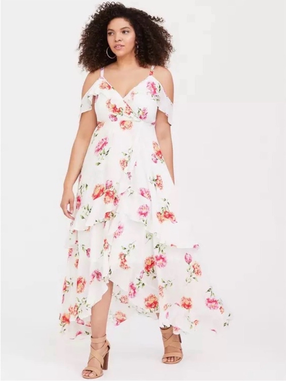 Torrid Floral Cold-Shoulder Ruffle Maxi Dress - White/Pink size 00